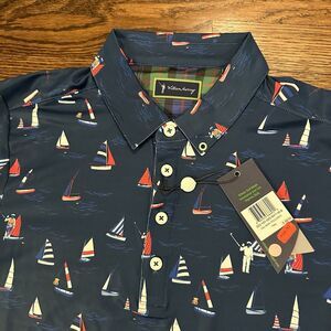 NEW William Murray Polo Shirt Men Golf Short Sleeve Sail Away Navy Blue Boat S